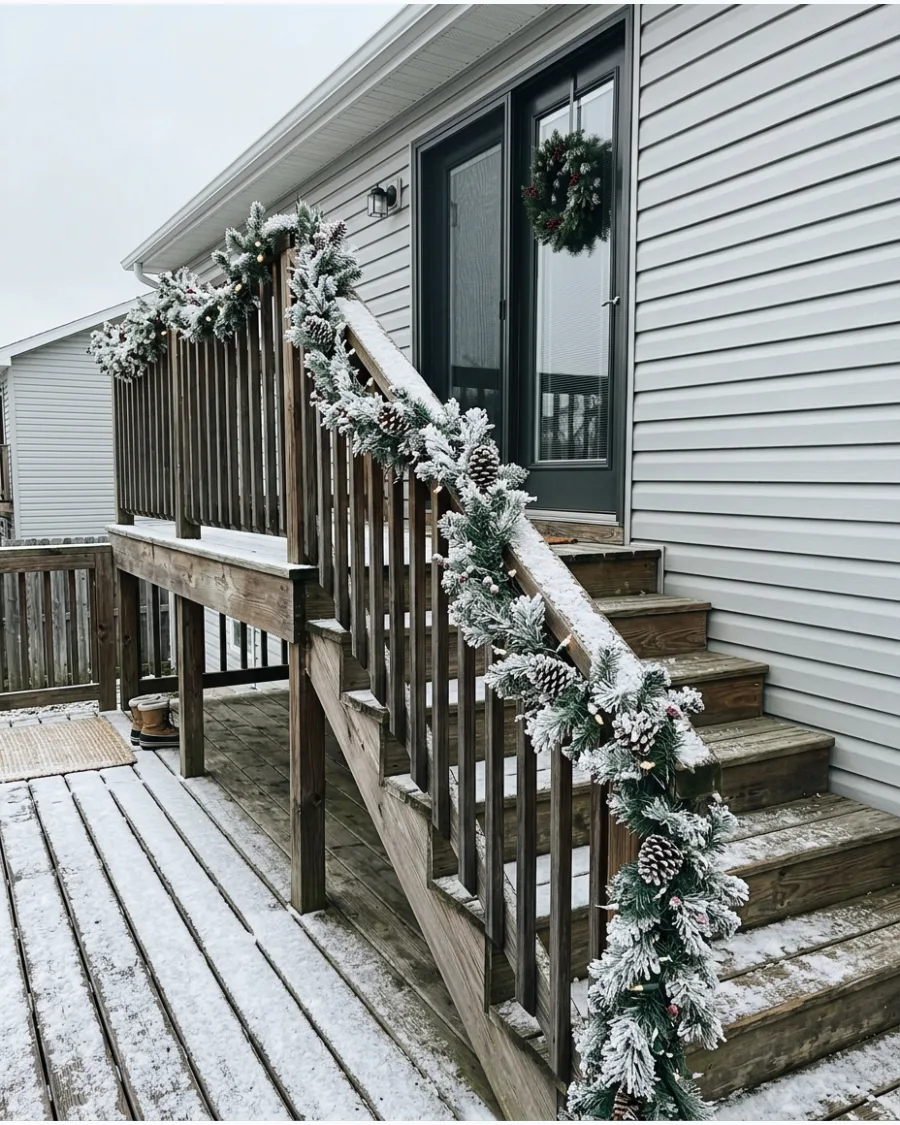 16. Snowy Greenery Along Deck Stairs