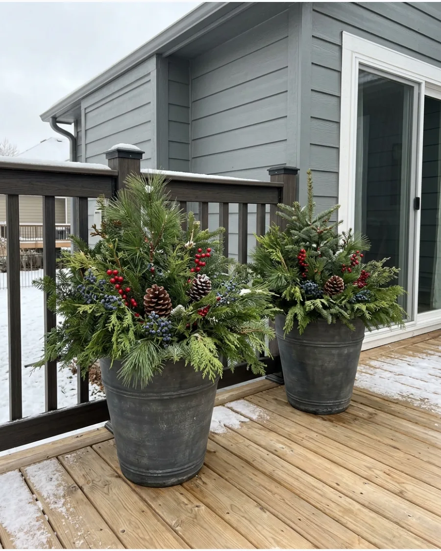 19. Evergreen Christmas Deck Planters