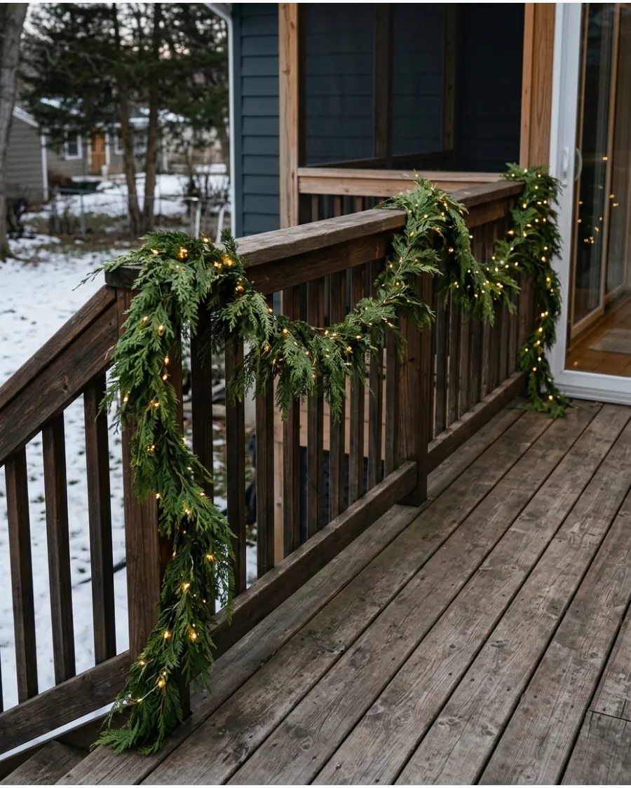 2. Lighted Cedar Garland Deck Railing