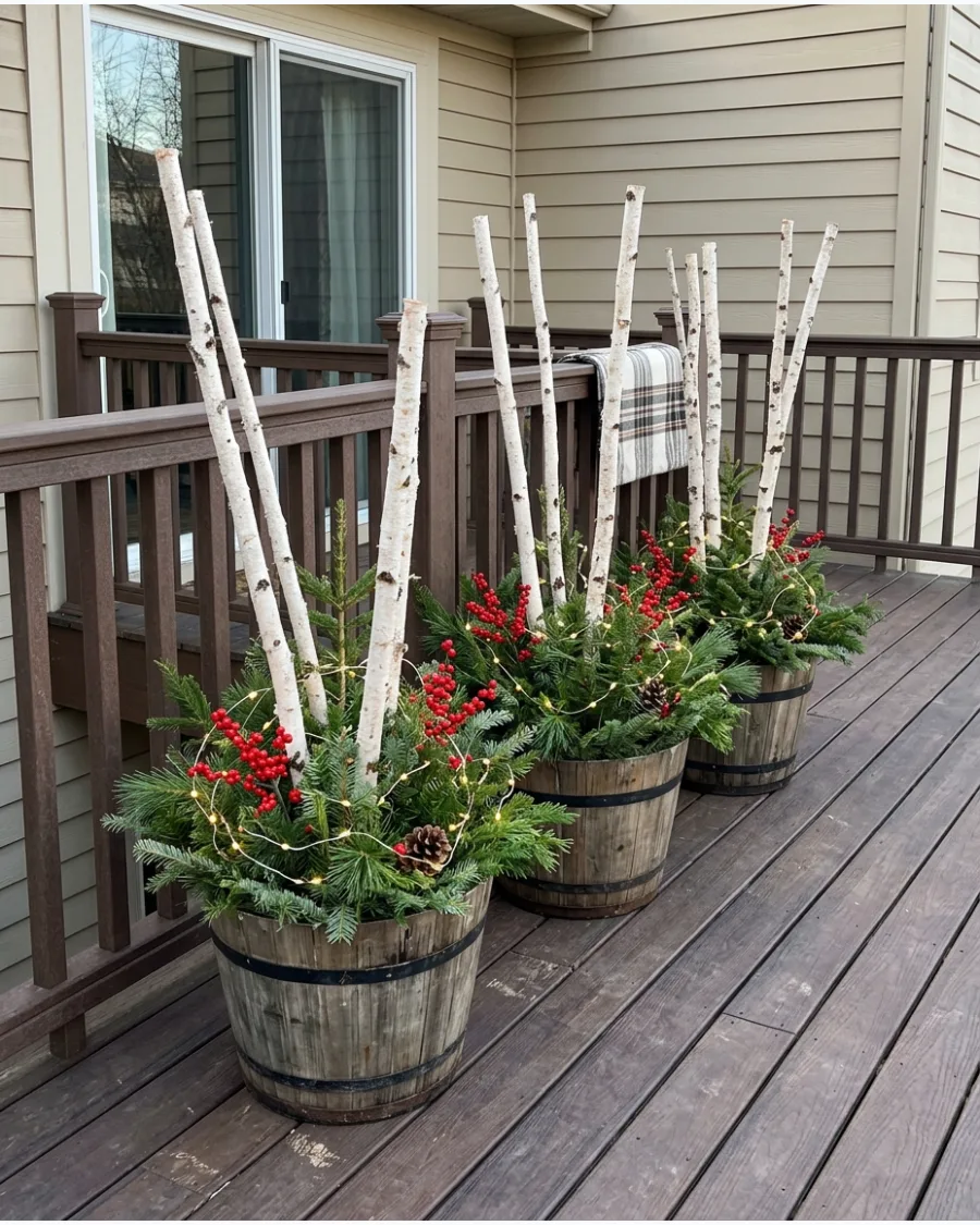 20. Birch Branch Christmas Deck Pots