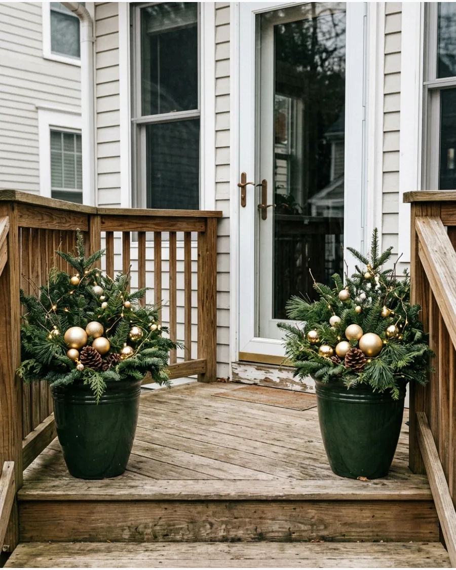 22. Gold and Evergreen Deck Planters