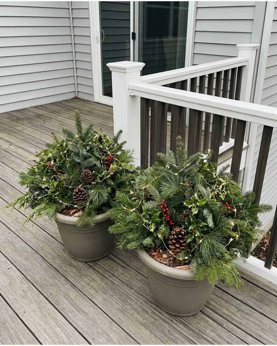 25. Lighted Evergreen Deck Planters