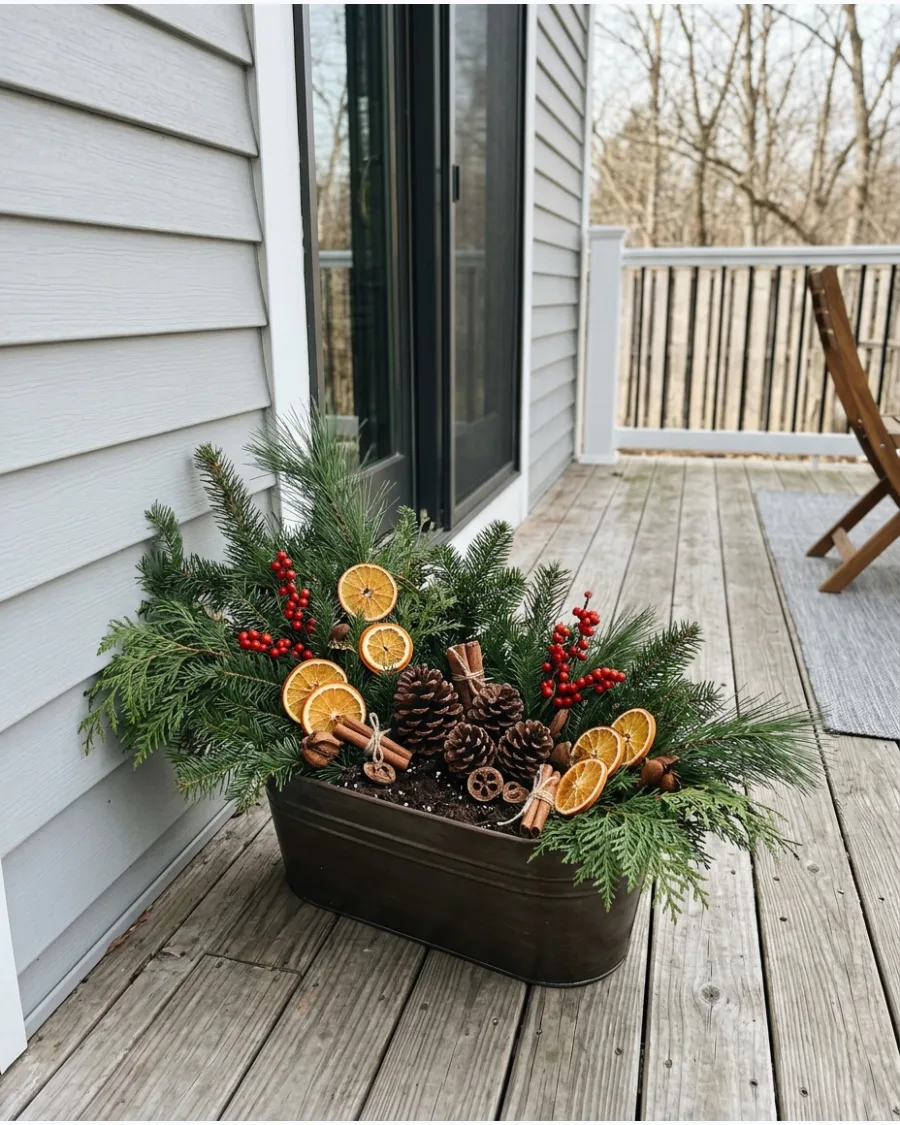 27. Dried Orange and Pinecone Deck Planters