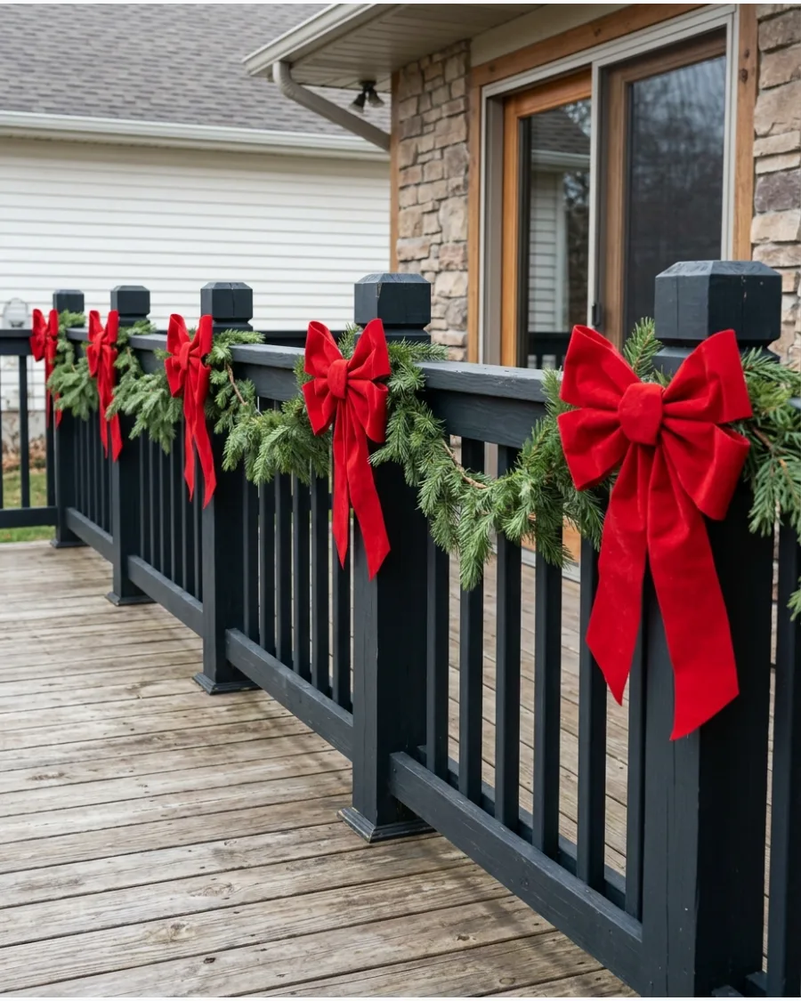 3. Red Velvet Bows on Deck Railings