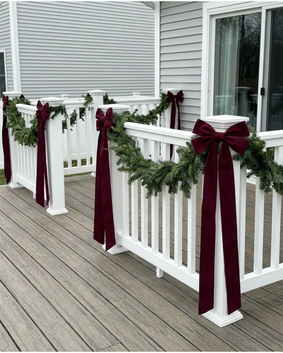 4. Burgundy Ribbon and Evergreen Railing