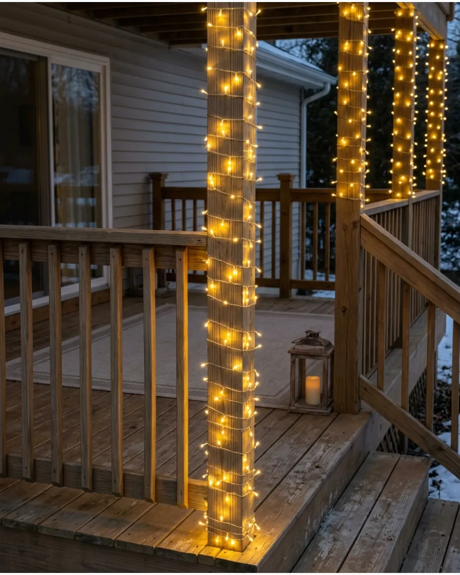 40. Twinkle Lights Wrapped Around Deck Posts