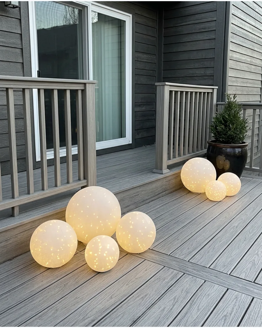 44. Glowing Christmas Orbs Around the Deck