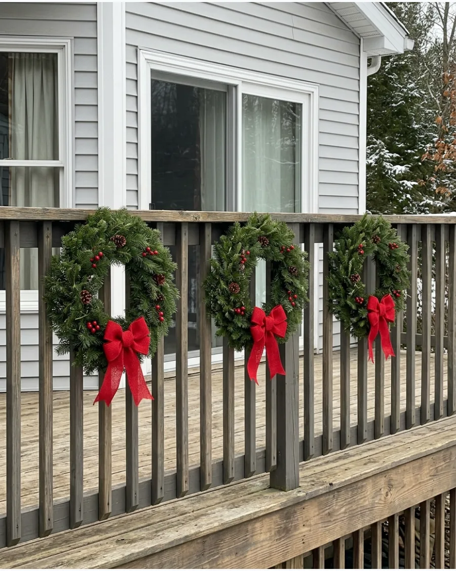 8. Matching Christmas Wreaths on Deck Railings