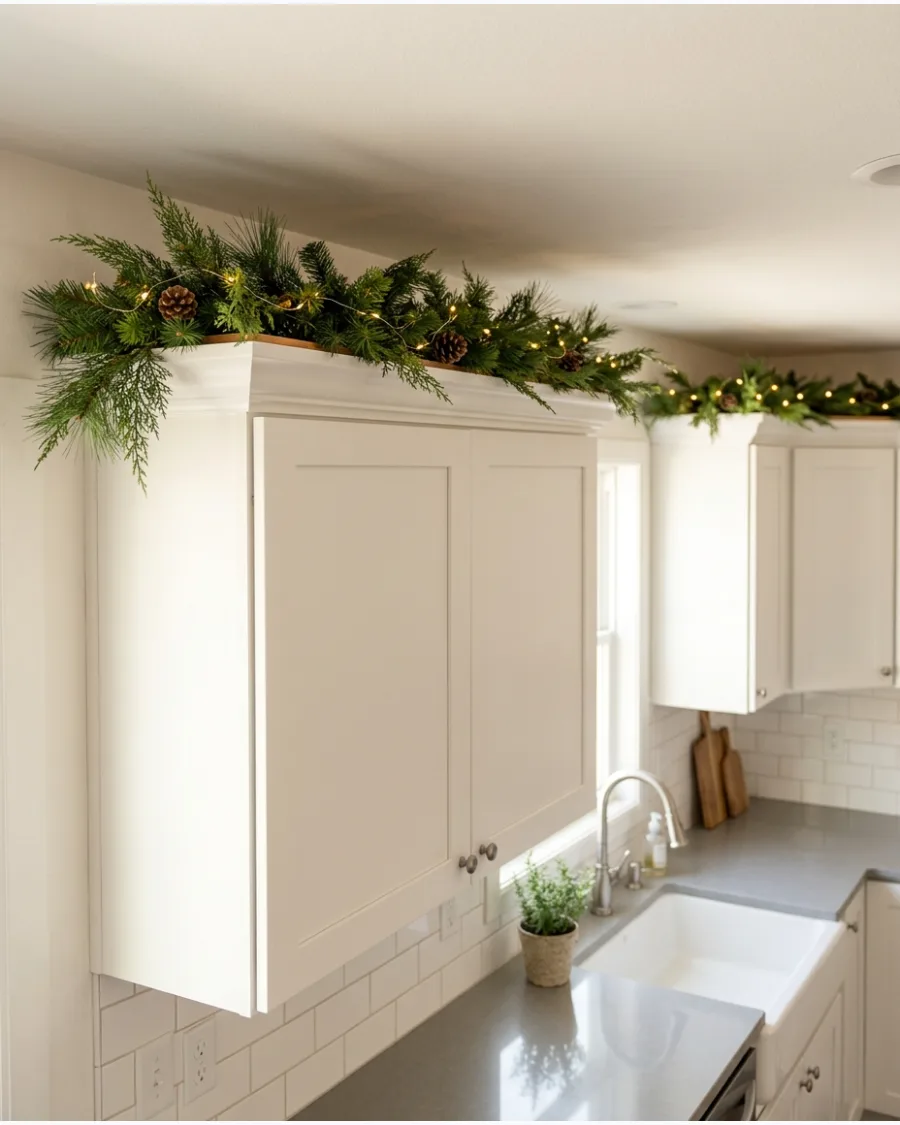 1. Simple Evergreen Garland Above the Cabinets