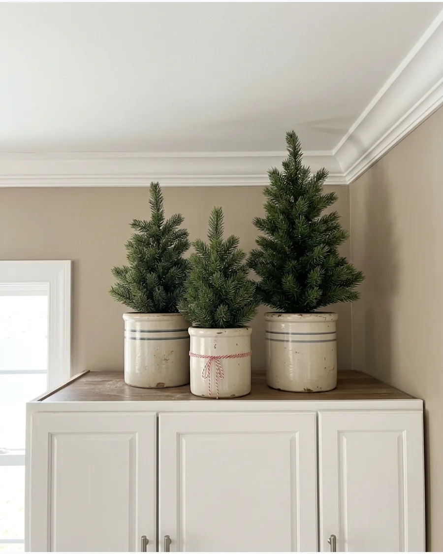 14. Mini Trees in Vintage Crocks