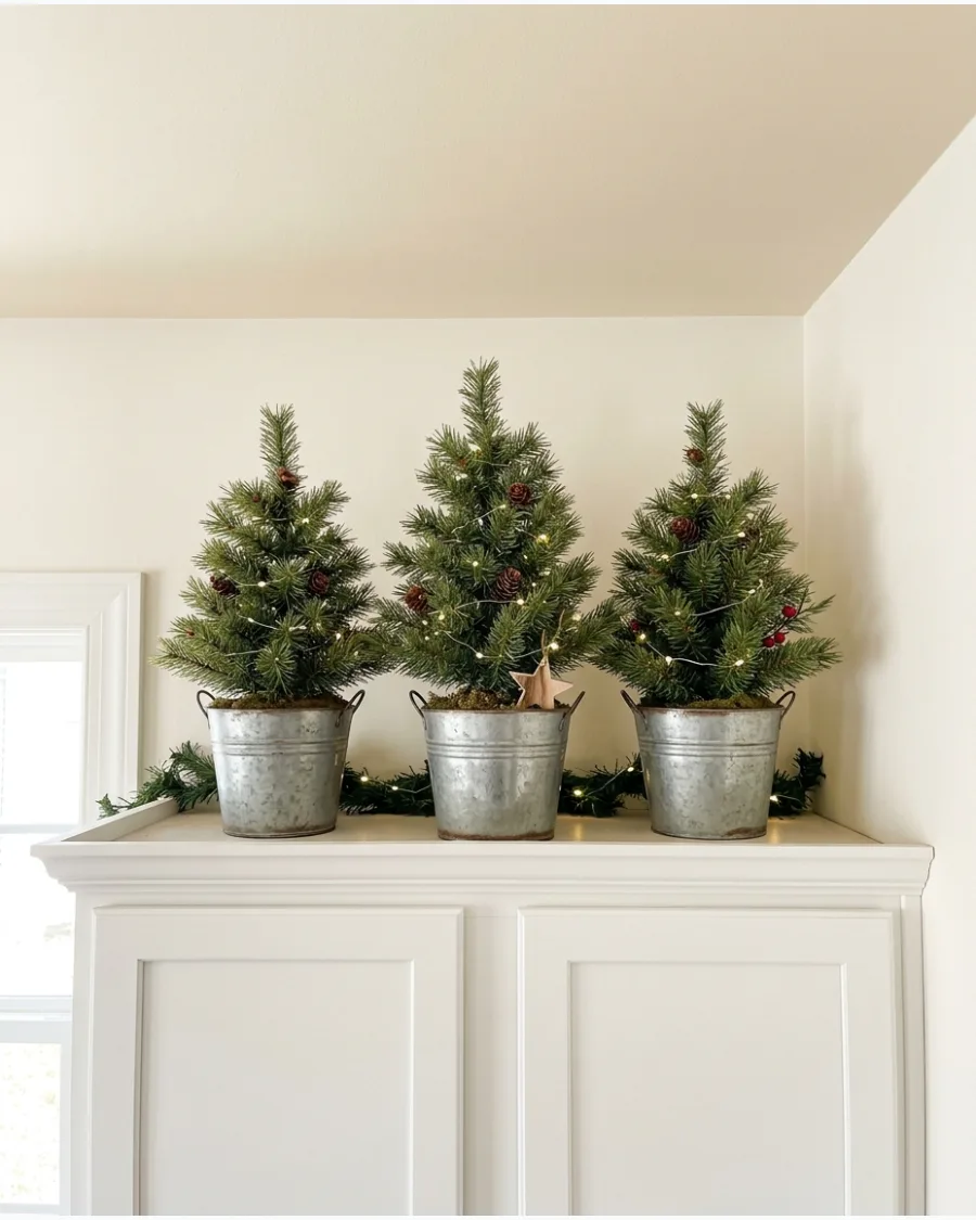 15. Mini Trees in Galvanized Buckets