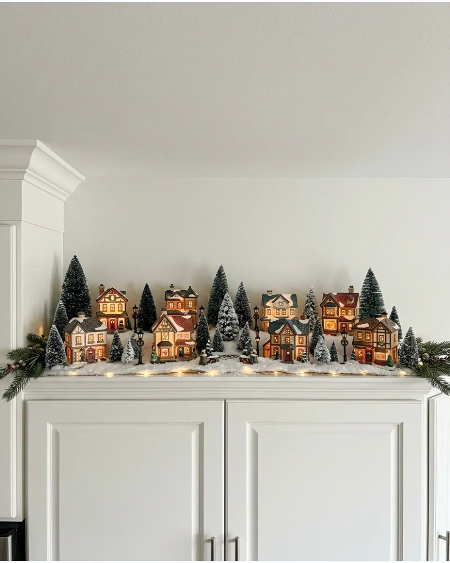 18. Snowy Christmas Village Above Cabinets