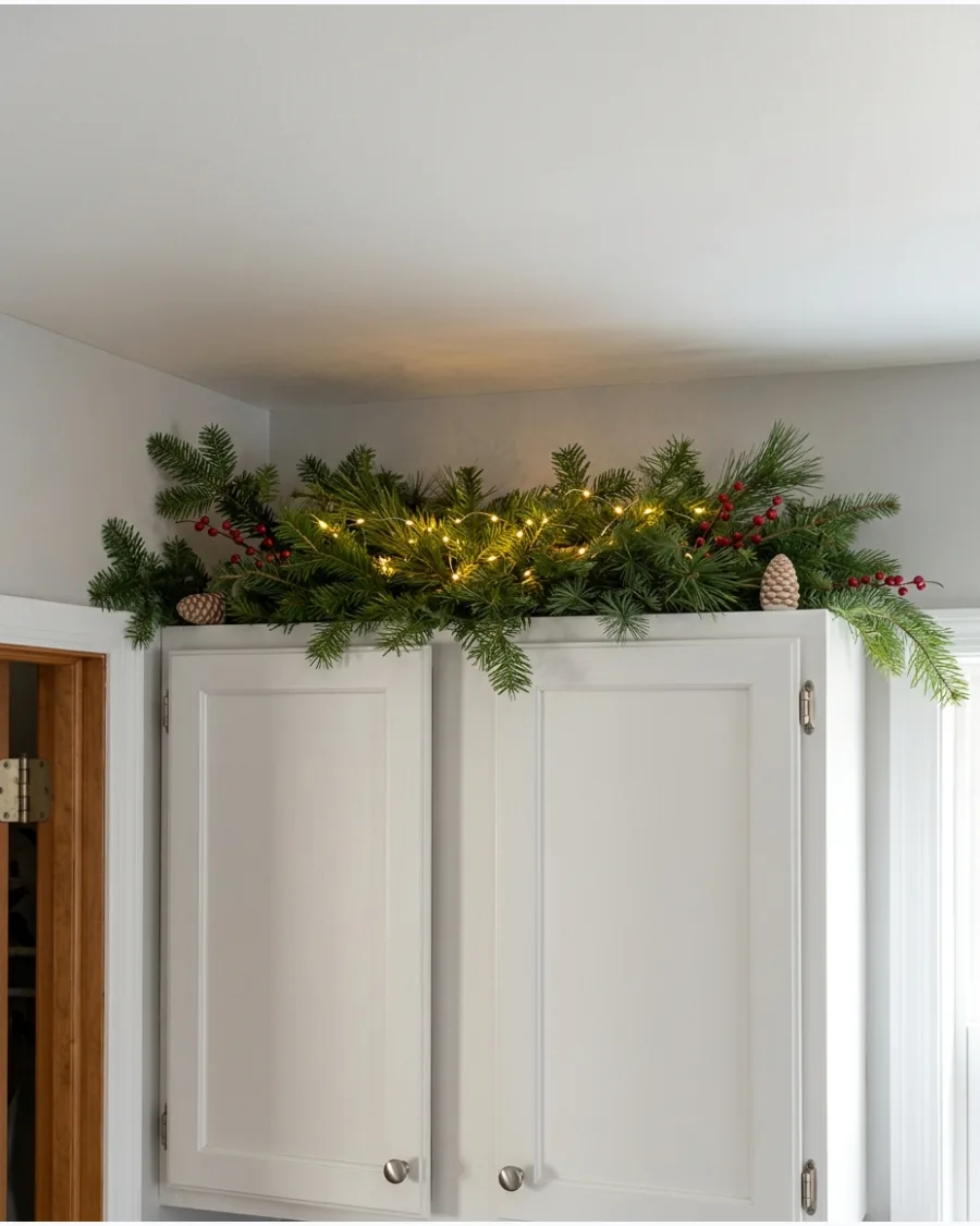 30. Twinkle Lights Behind Evergreen Branches