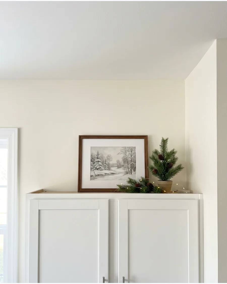 43. Framed Winter Landscape Above Cabinets