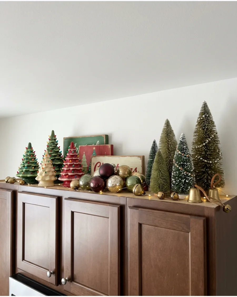 53. Cozy Vintage Christmas Cabinet Tops