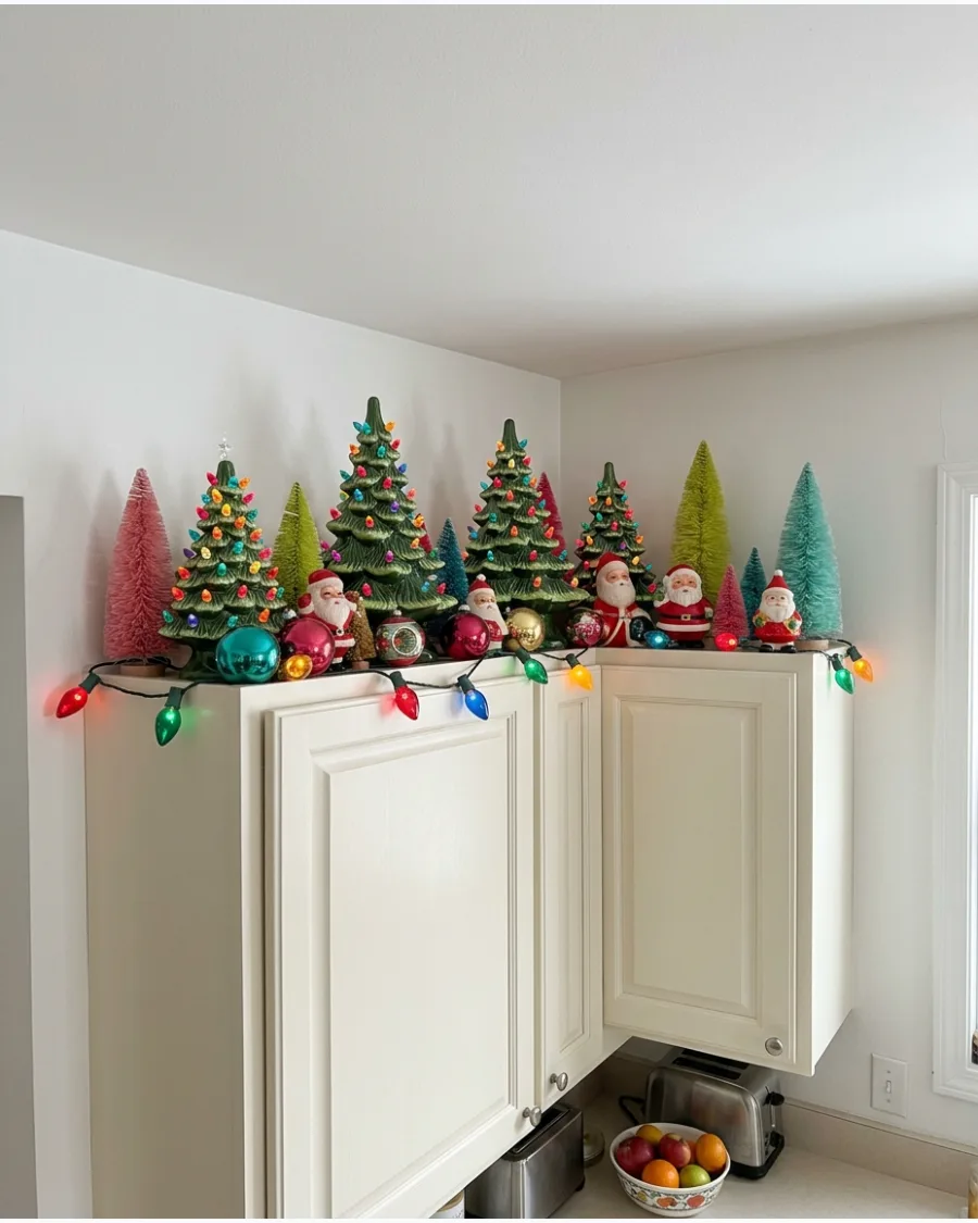 59. Colorful Nostalgic Christmas Cabinet Display