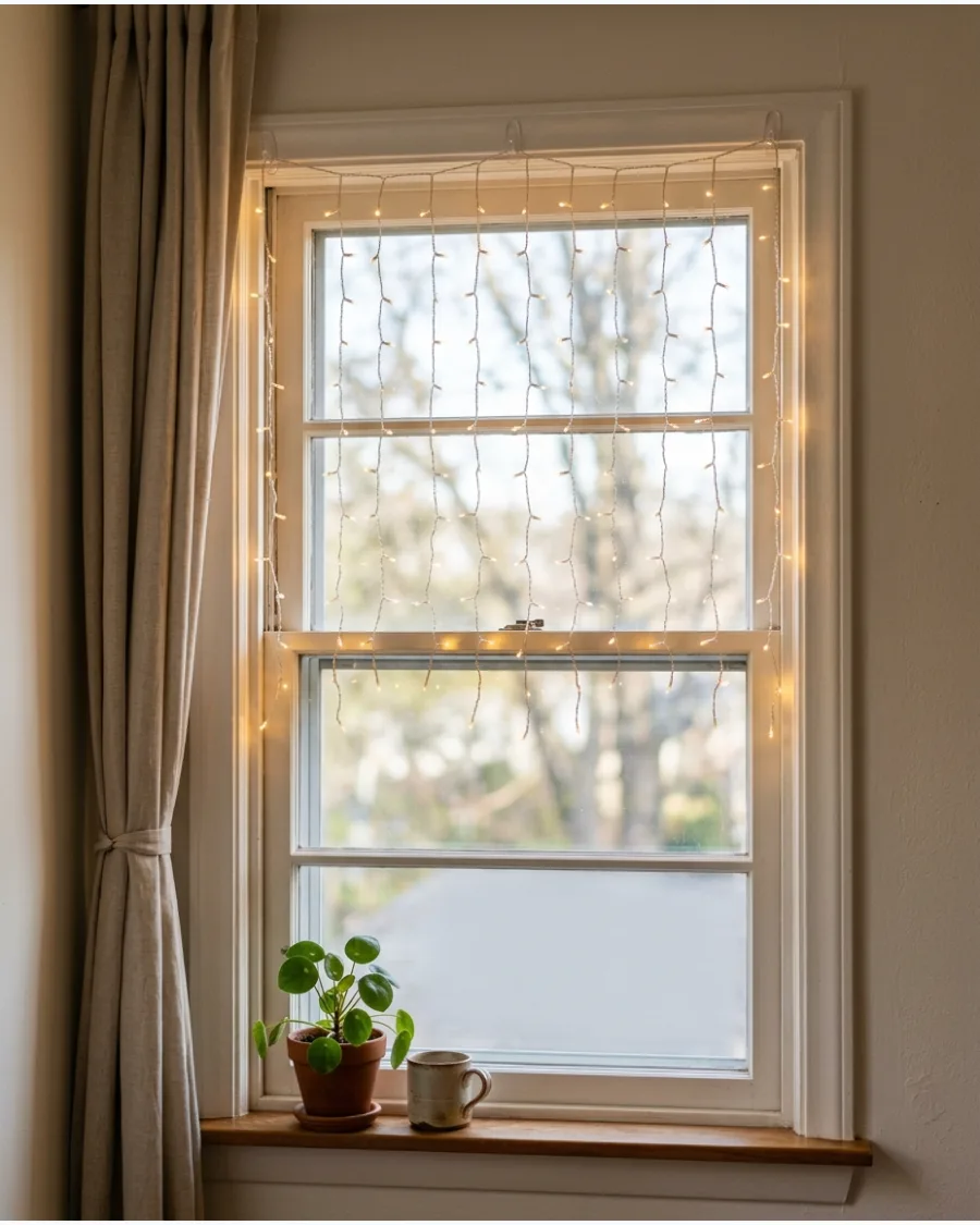 10. Short Curtain Lights Across the Upper Half of the Window