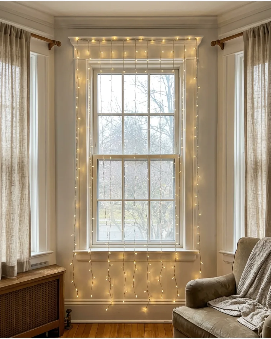 13. Waterfall Christmas Lights on a Tall Window