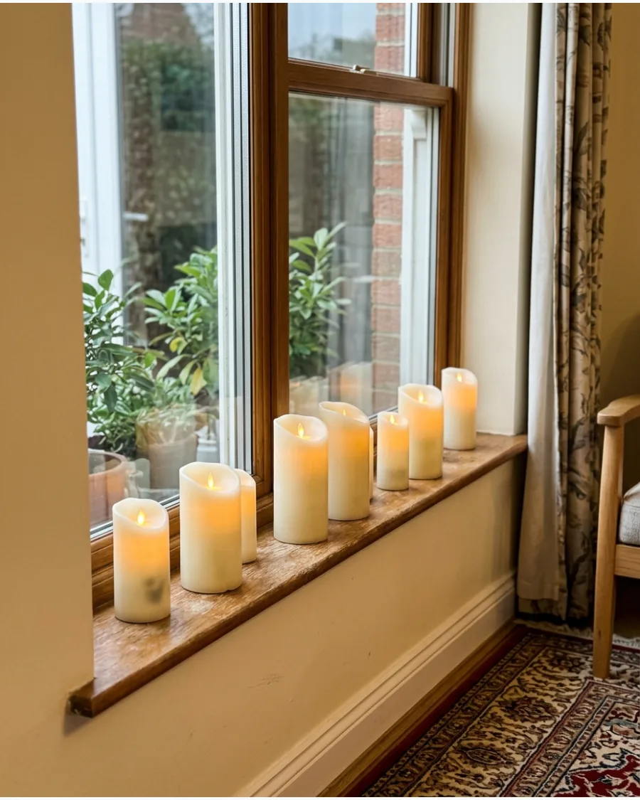 33. Flameless Candles Across the Windowsill