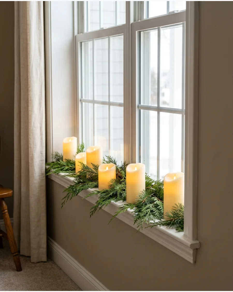 35. Candlelight With Evergreen Along the Sill