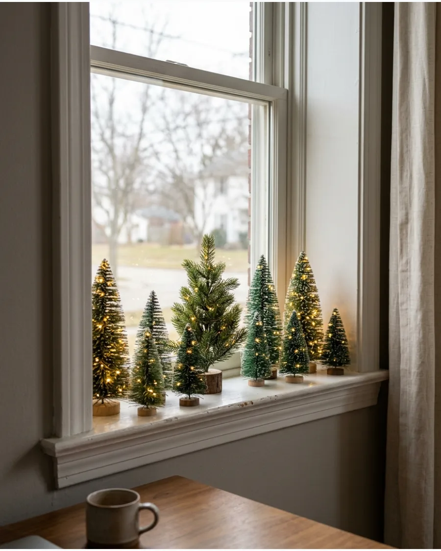 36. Lighted Mini Christmas Trees on the Windowsill