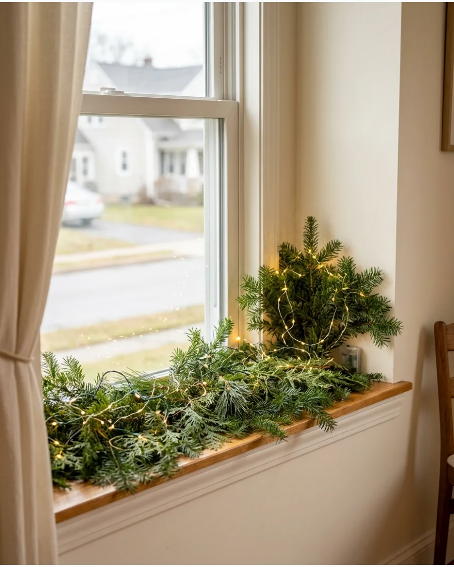 39. Fairy Lights Woven Through Windowsill Greenery