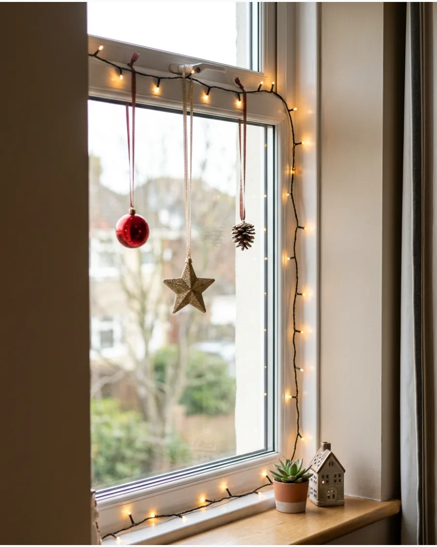 41. Fairy Lights With Hanging Christmas Ornaments