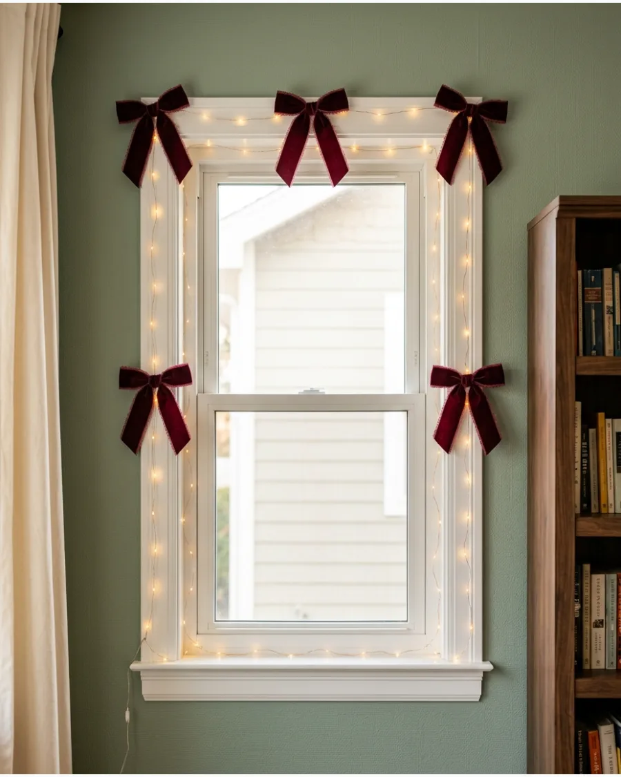 42. Christmas Window Lights With Velvet Bows
