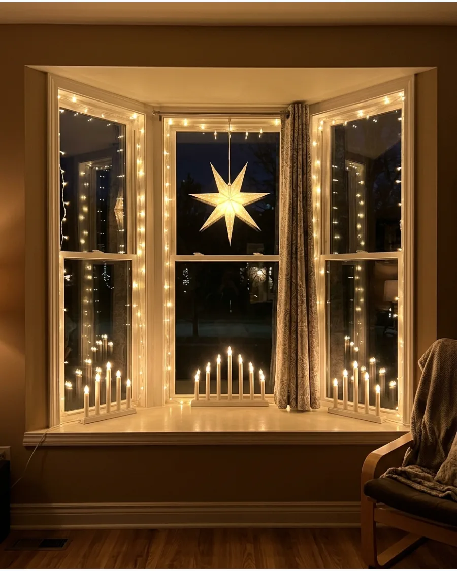 48. Bay Window Filled With Layered Christmas Lights