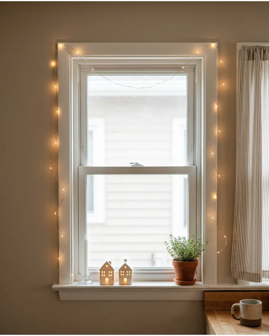 49. Kitchen Window With Simple Christmas Fairy Lights