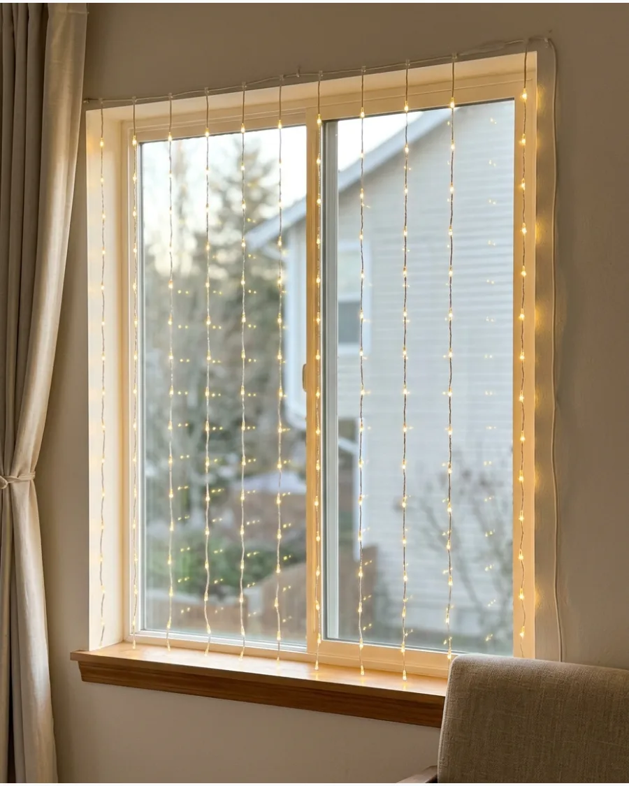9. Full Warm White Curtain Lights Across the Window
