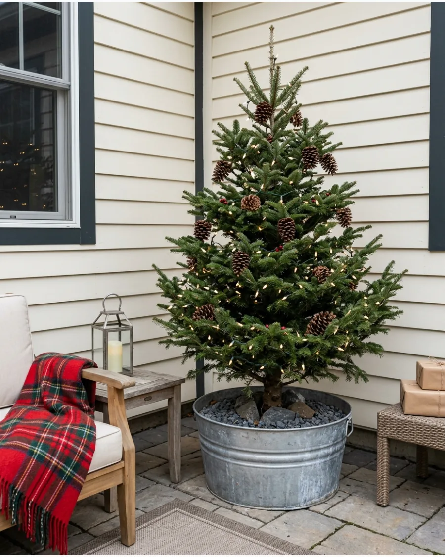 14. Rustic Christmas Tree in a Galvanized Tub