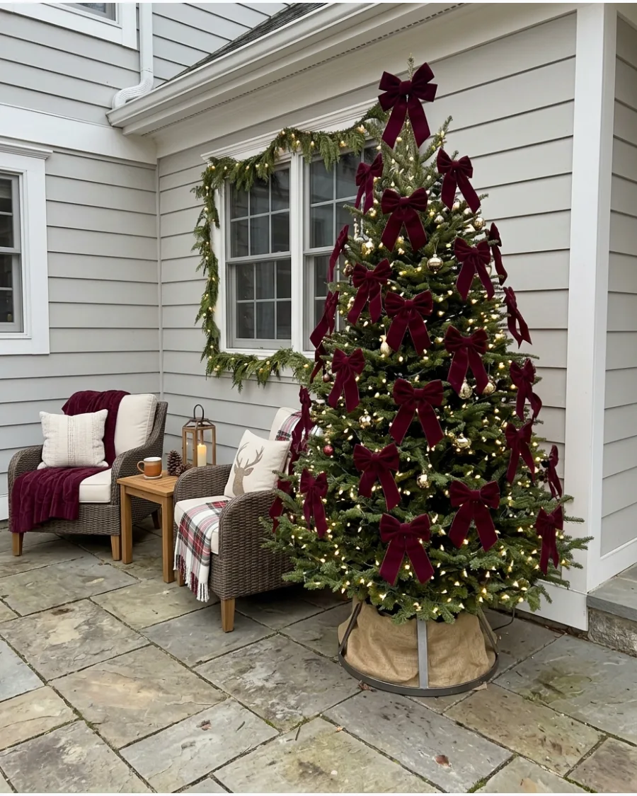 16. Burgundy Bow Patio Christmas Tree
