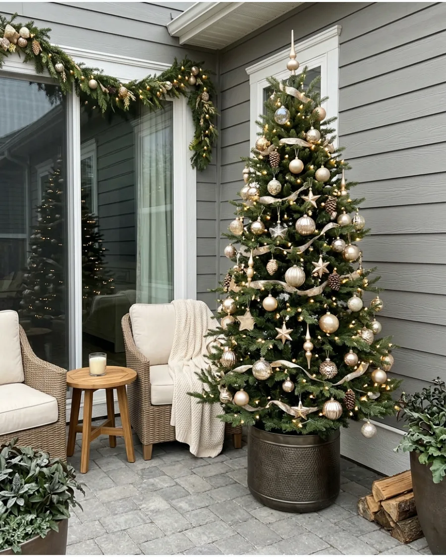 18. Gold and Champagne Patio Christmas Tree