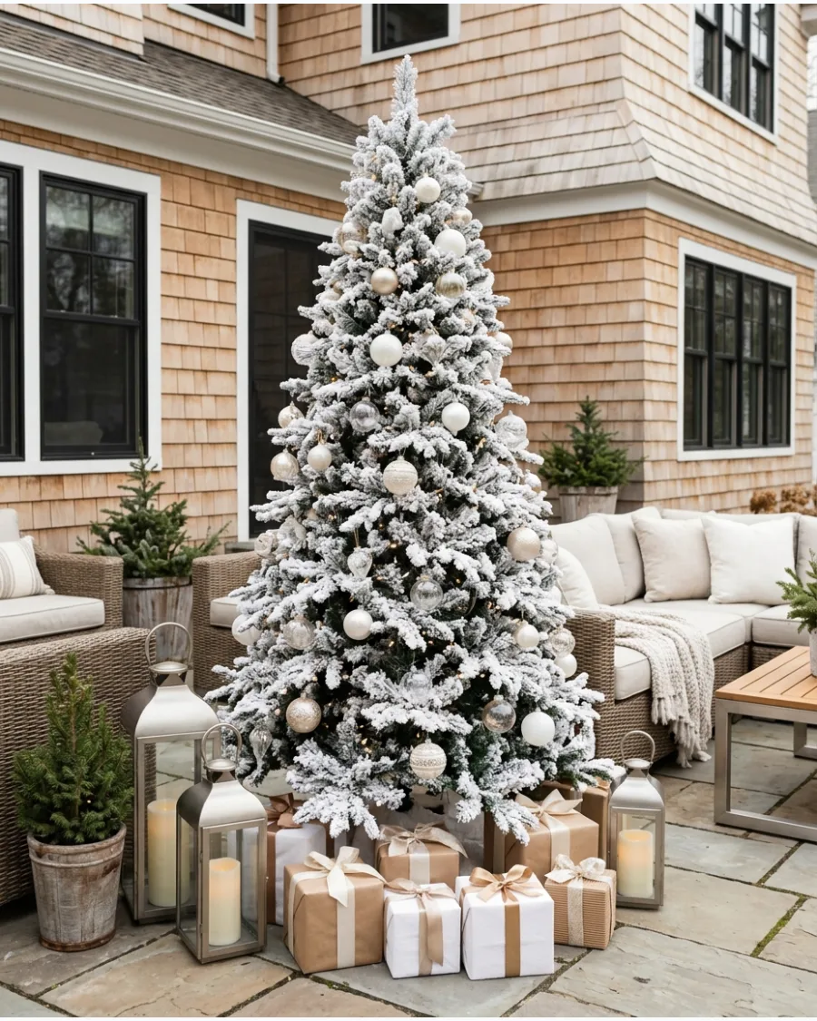 19. Snowy White Patio Christmas Tree