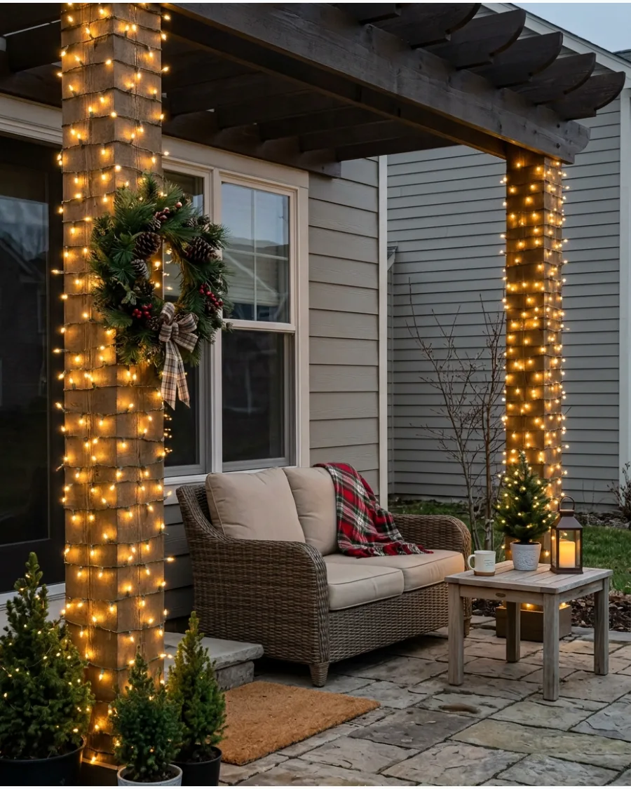 2. Twinkle Lights Wrapped Around Patio Posts