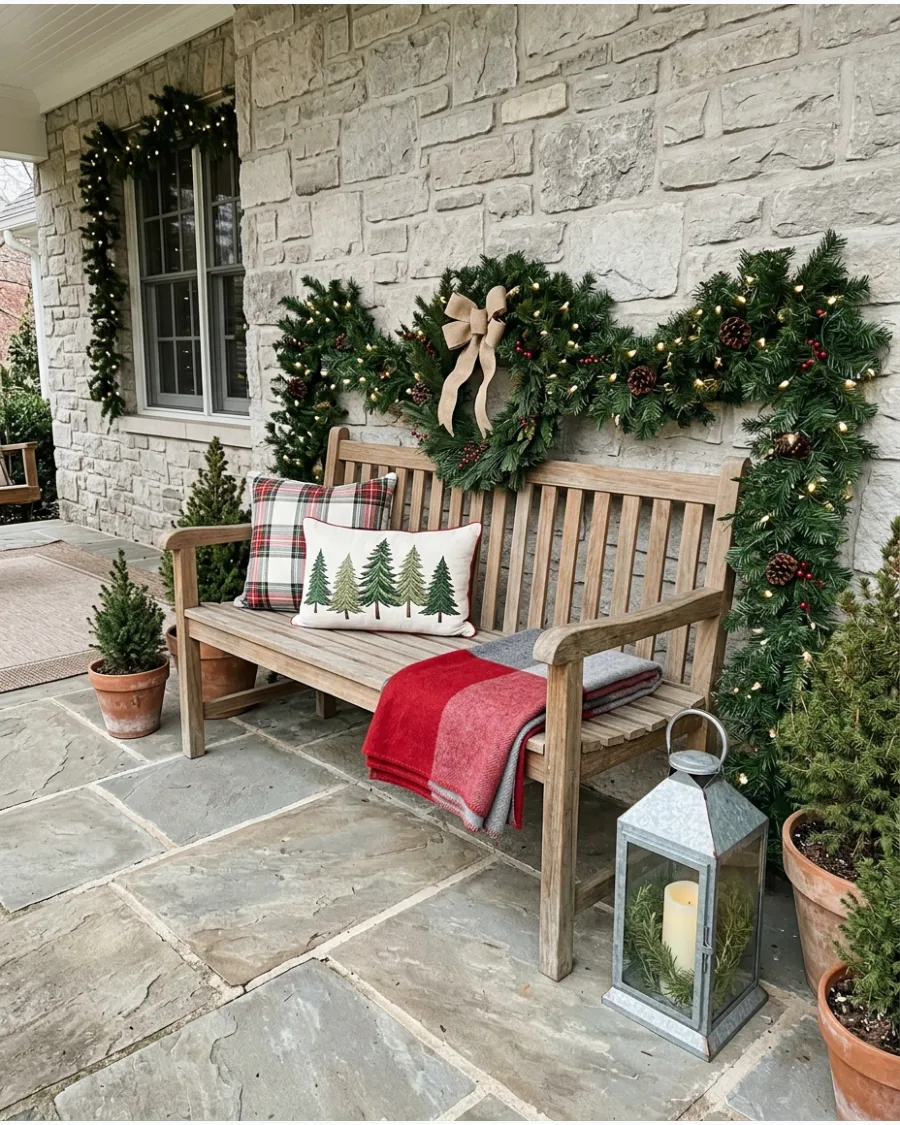 27. Christmas Bench With Evergreen Backdrop