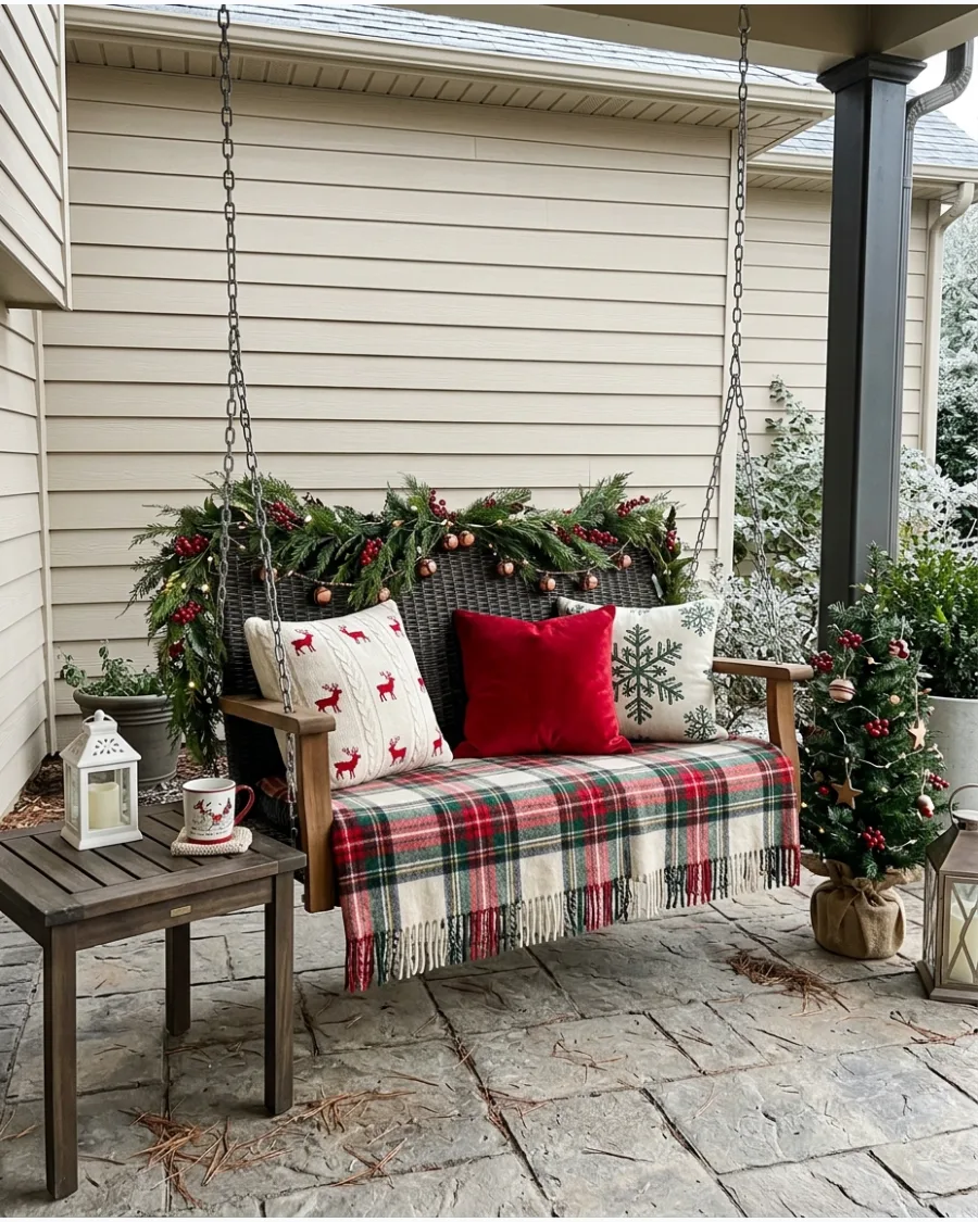 28. Cozy Patio Swing Christmas Nook