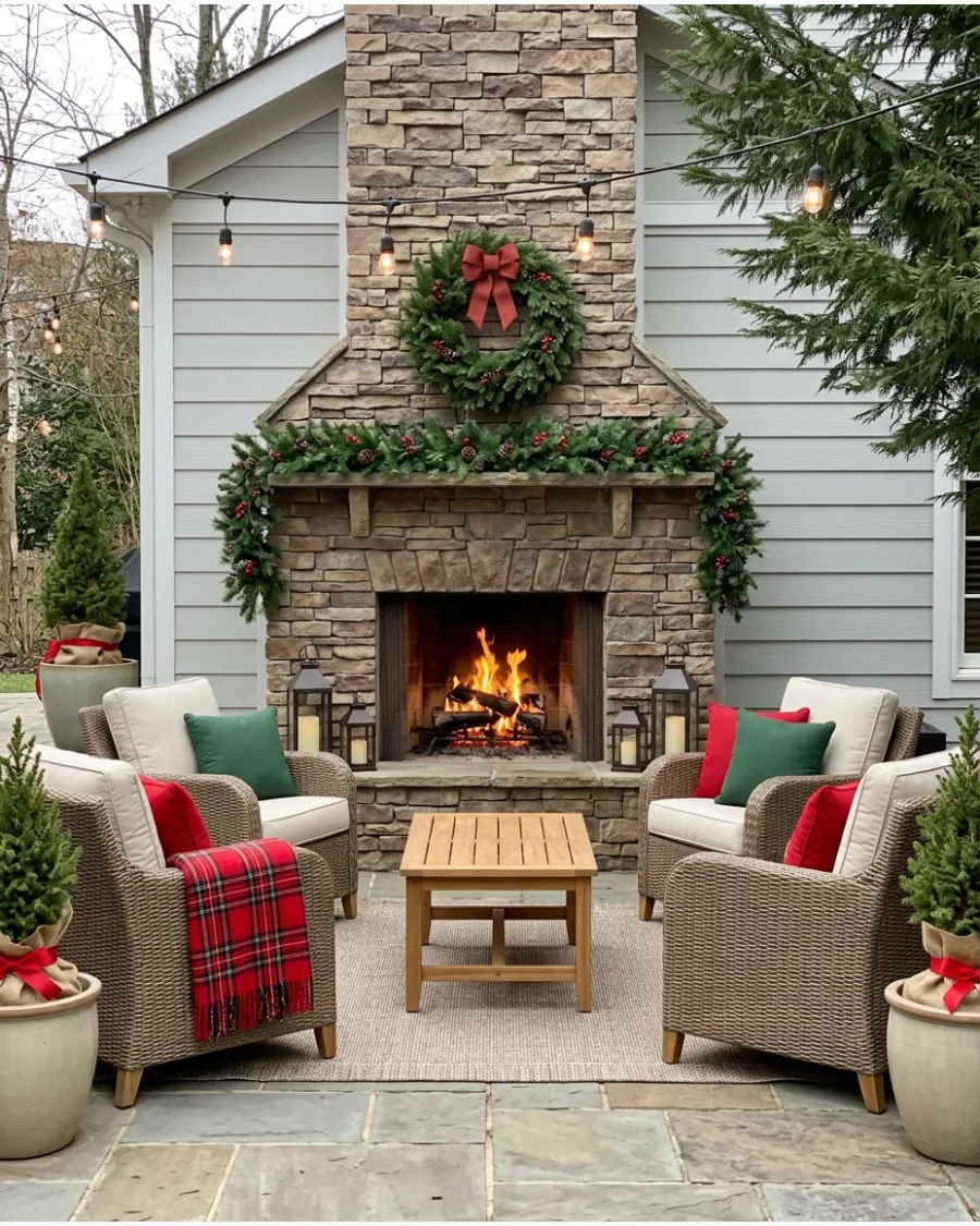 30. Outdoor Fireplace Christmas Seating Area