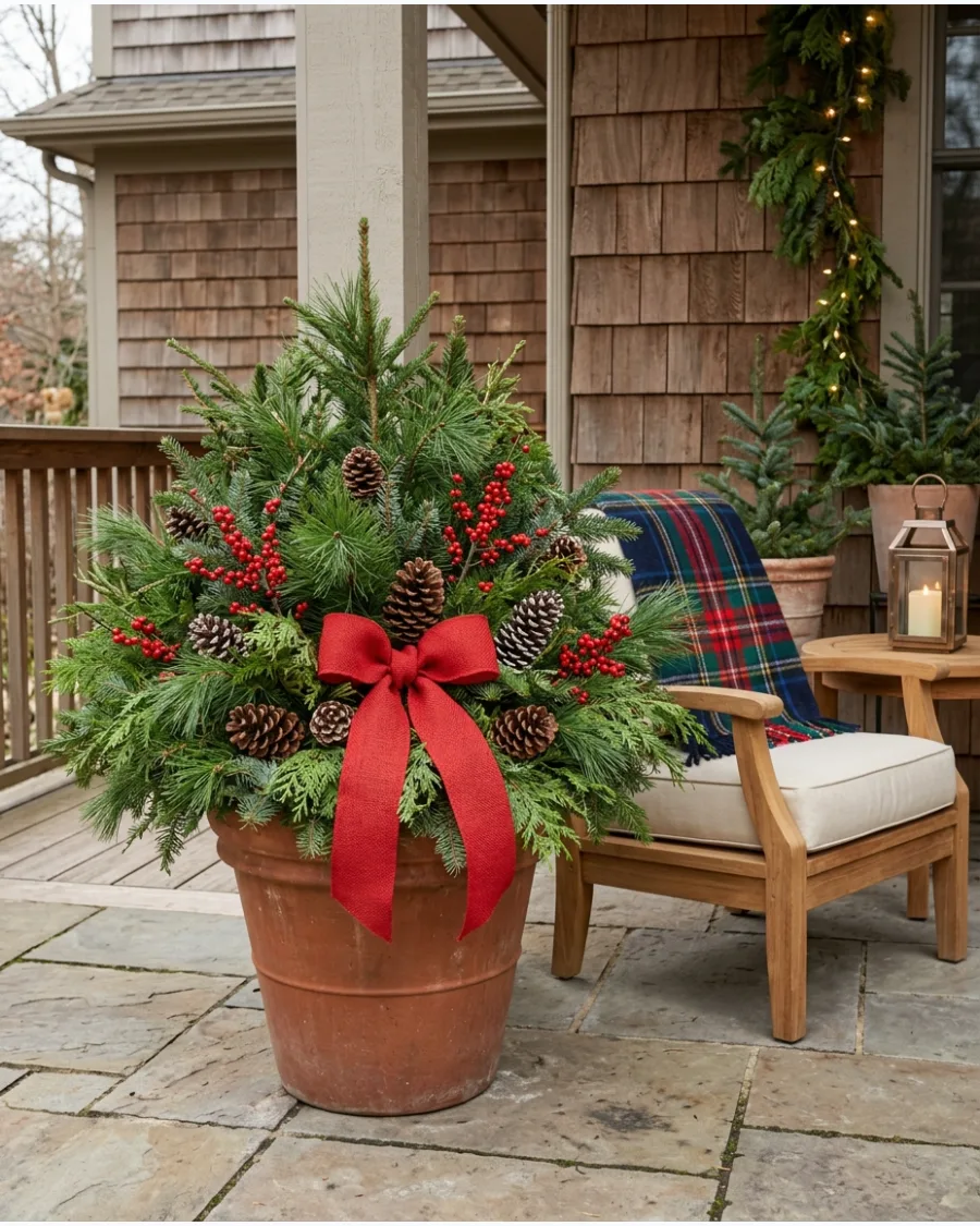 31. Classic Evergreen Christmas Patio Pots