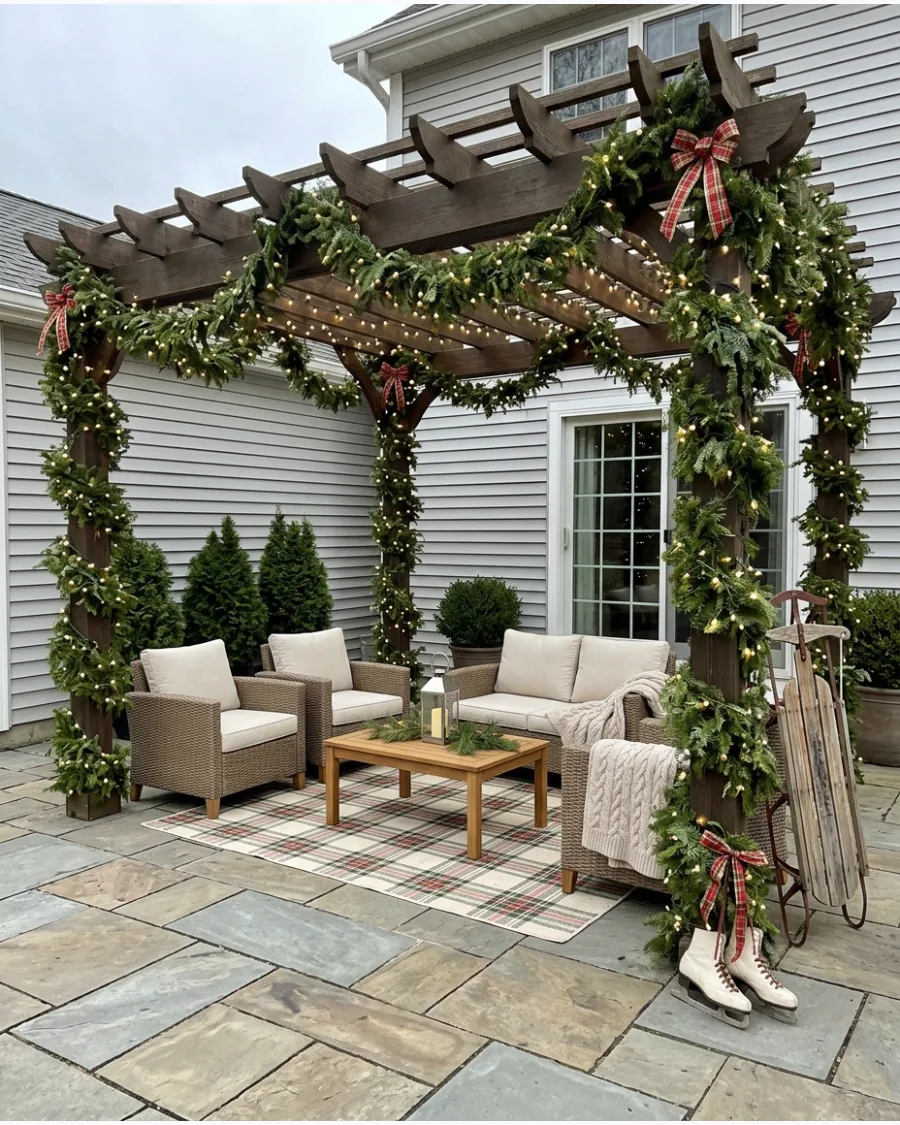 39. Evergreen-Wrapped Christmas Pergola