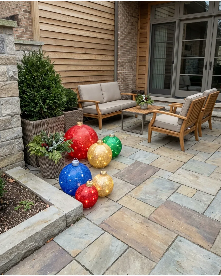 5. Glowing Ornament Lights Around the Patio