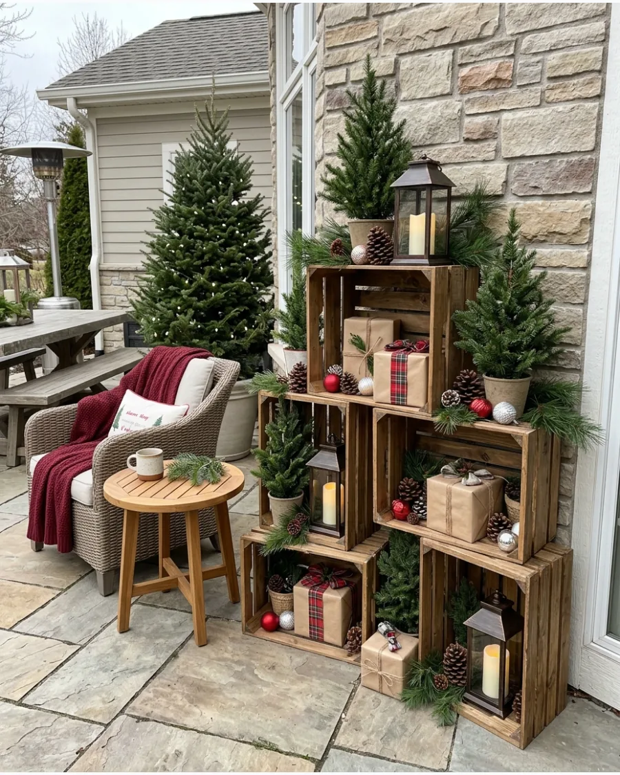 53. Wooden Crate Christmas Patio Display