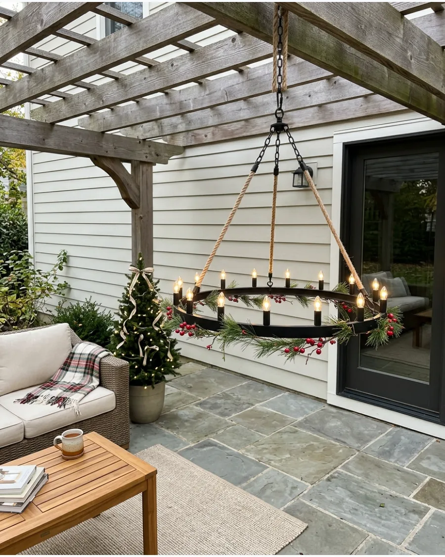 7. Solar Christmas Chandelier Under the Pergola