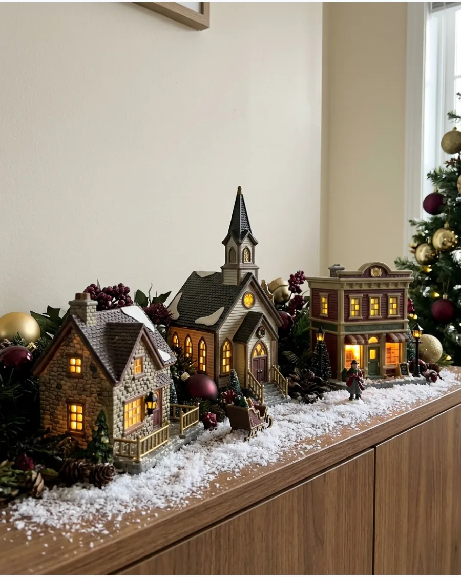 67. Burgundy and Gold Christmas Village