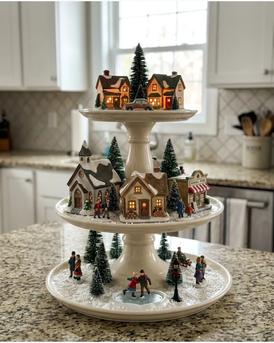 87. Tiered Cake Stand Christmas Village