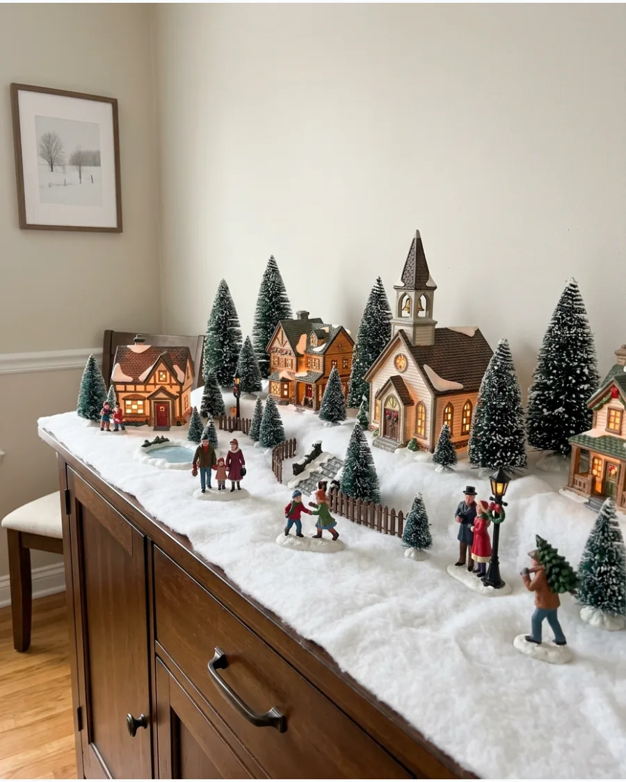 1. Classic Snowy Christmas Village Table