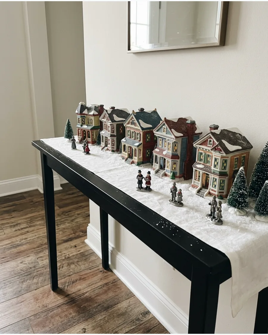 32. Christmas Village on a Console Table