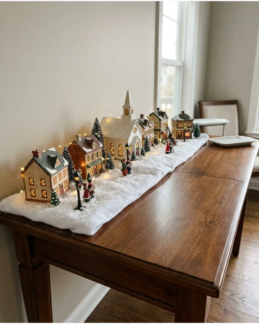 33. Christmas Village on a Buffet Table