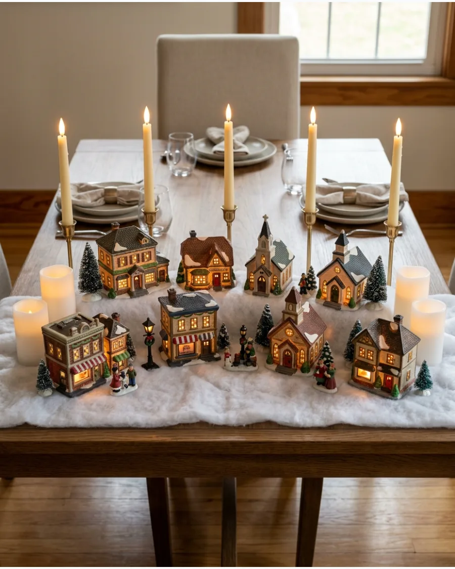 46. Candlelit Christmas Village Table